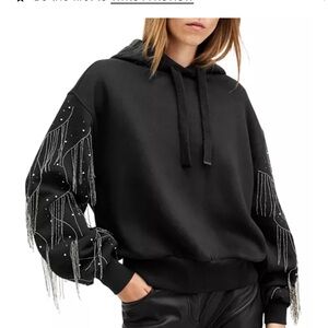 AllSaints Lennon Tassel  Black Hoodie with Silver Beaded Fringe on Sleeves